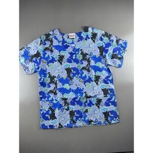 Fashion Scrubs Women's V Neck Scrub Top Size Small Blue Green Floral Pattern